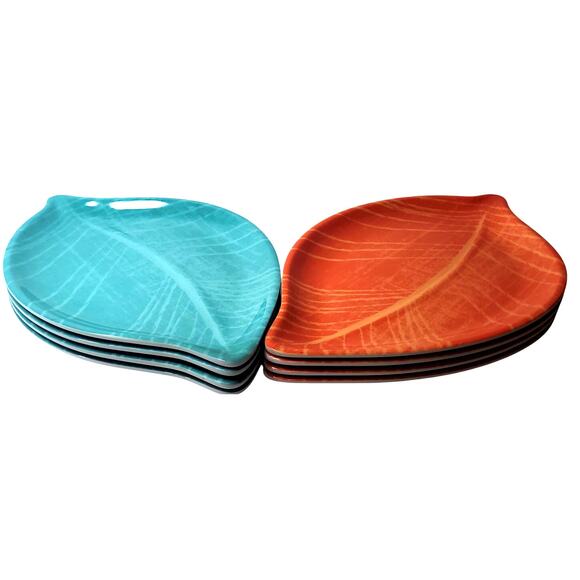 8 Orange & Turquoise Precidio Melamine Leaf 10" X 6" Salad/Dessert Plates - Picture 2 of 7